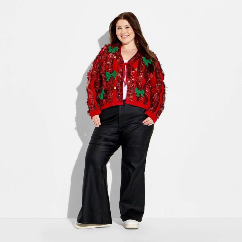 33 Degrees - Women's Tinsel Festive Graphic Cardigan - Red 2X Red